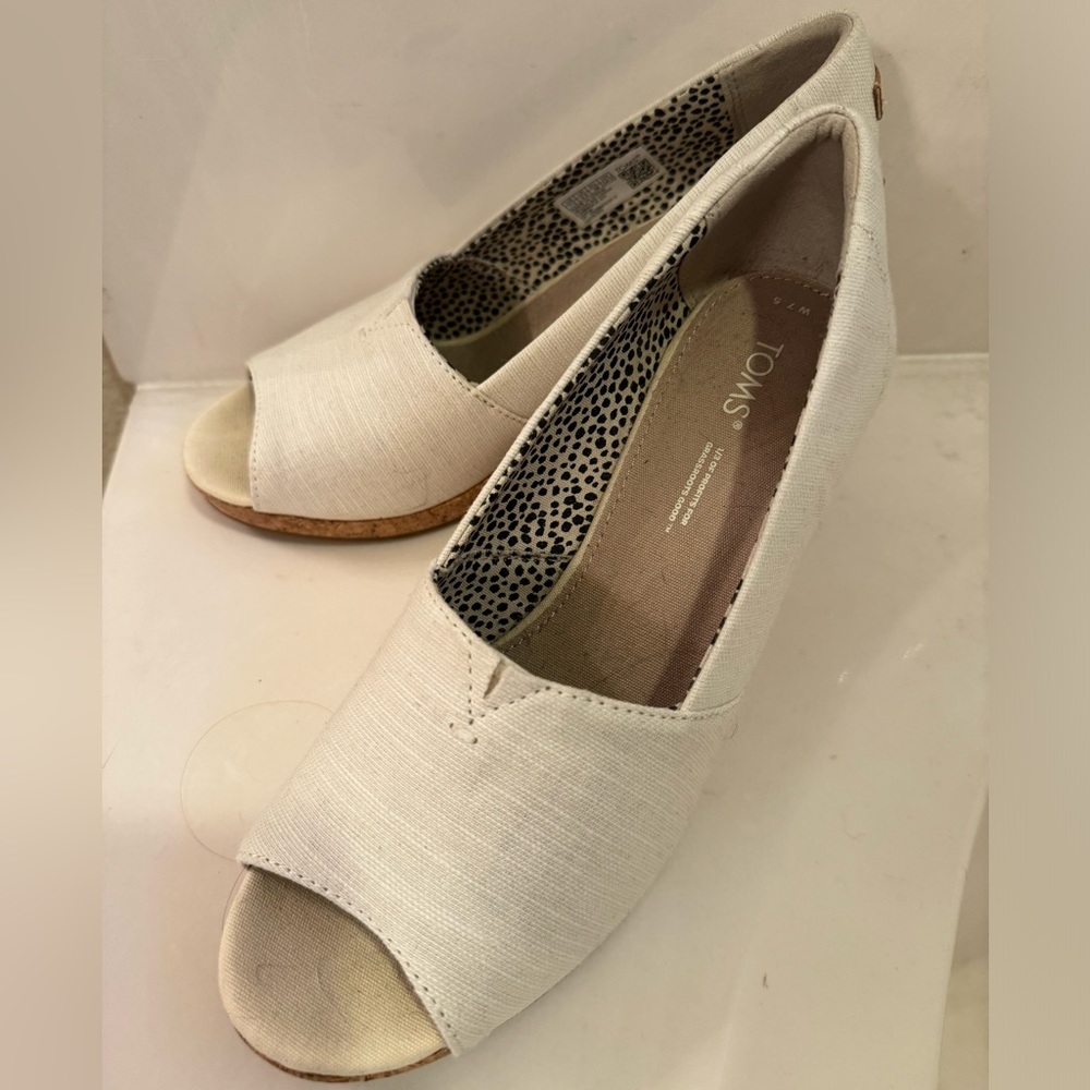 TOMS canvas peep-toe cork wedge slip-ons in EUC.